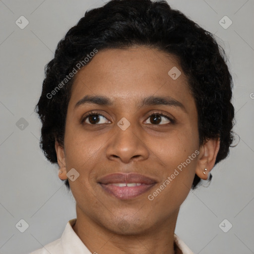 Joyful latino young-adult female with short  brown hair and brown eyes