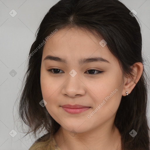 Joyful asian young-adult female with long  brown hair and brown eyes