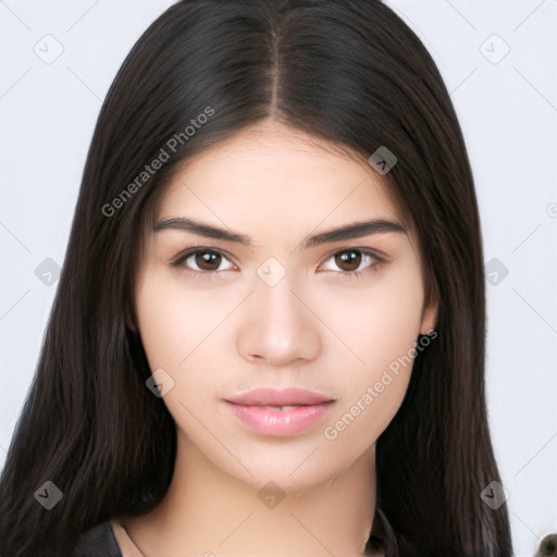 Neutral white young-adult female with long  brown hair and brown eyes