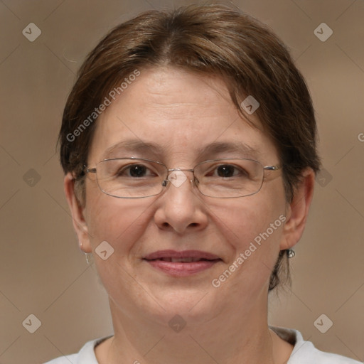 Joyful white adult female with short  brown hair and brown eyes