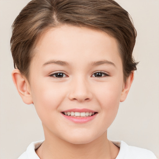 Joyful white child female with short  brown hair and brown eyes