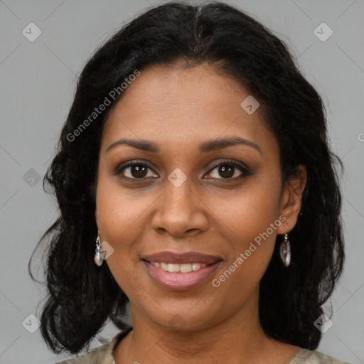 Joyful black young-adult female with medium  brown hair and brown eyes