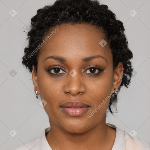 Neutral black young-adult female with short  black hair and brown eyes