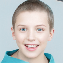 Joyful white child female with short  brown hair and blue eyes