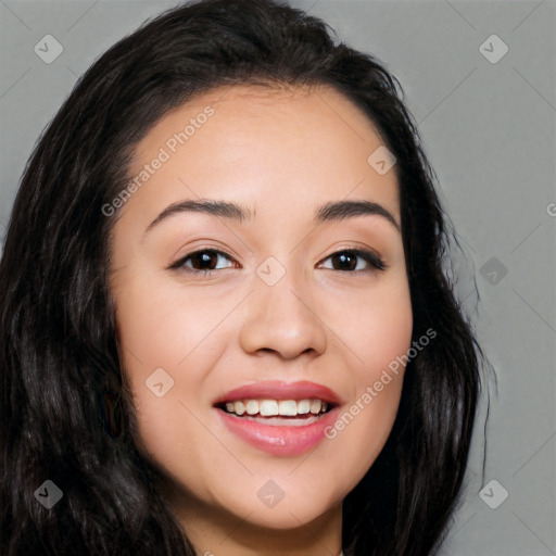 Joyful white young-adult female with long  black hair and brown eyes