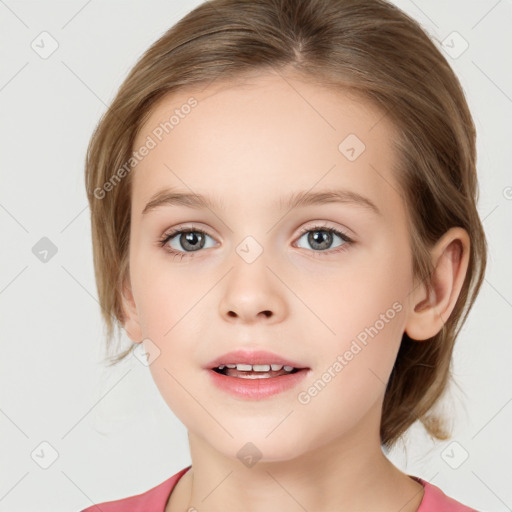 Joyful white child female with medium  brown hair and brown eyes