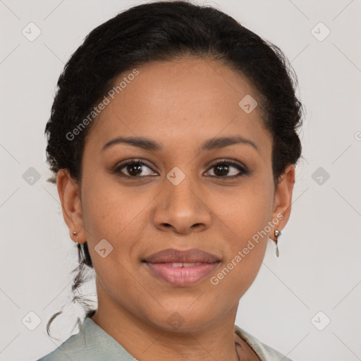 Joyful latino young-adult female with short  brown hair and brown eyes