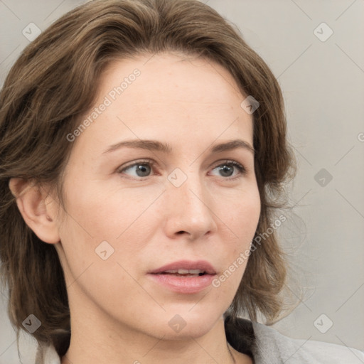 Neutral white young-adult female with medium  brown hair and grey eyes