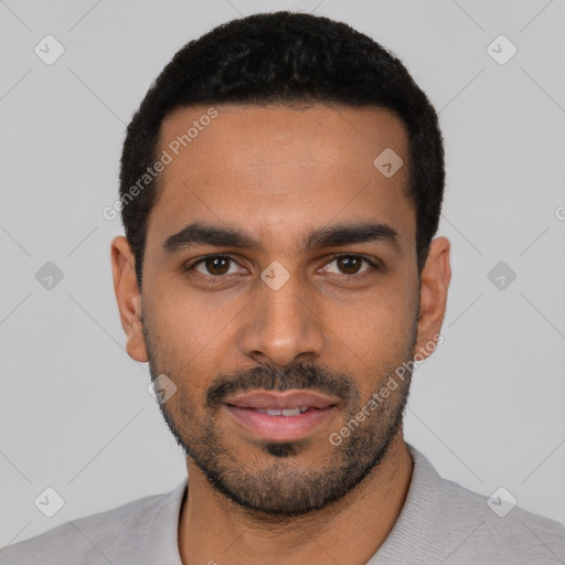 Neutral latino young-adult male with short  black hair and brown eyes