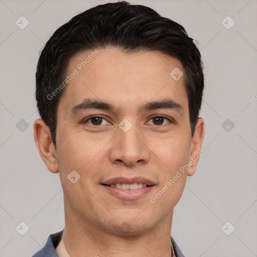 Joyful white young-adult male with short  black hair and brown eyes