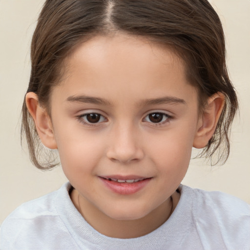 Joyful white child female with medium  brown hair and brown eyes