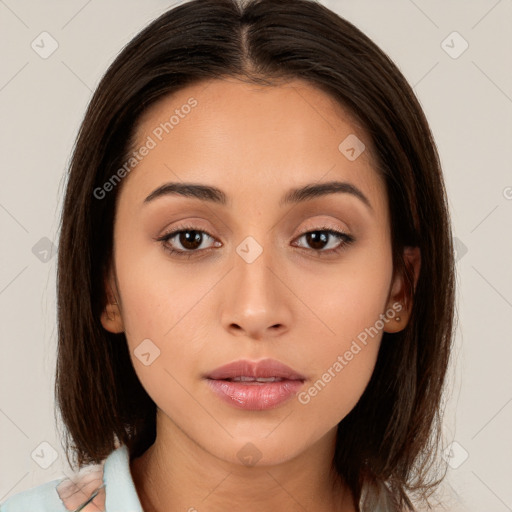 Neutral white young-adult female with medium  brown hair and brown eyes