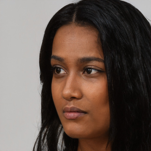 Neutral asian young-adult female with long  black hair and brown eyes