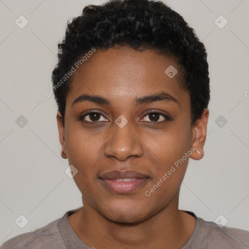 Neutral black young-adult female with short  black hair and brown eyes