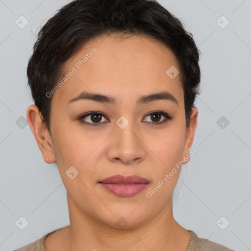 Joyful latino young-adult female with short  brown hair and brown eyes