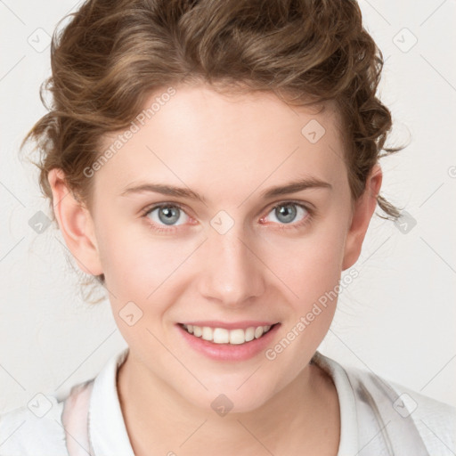 Joyful white young-adult female with medium  brown hair and blue eyes