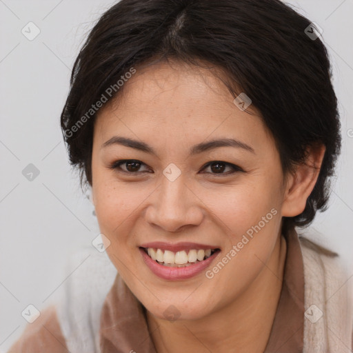 Joyful white young-adult female with medium  brown hair and brown eyes