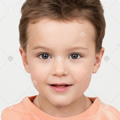 Joyful white child male with short  brown hair and brown eyes