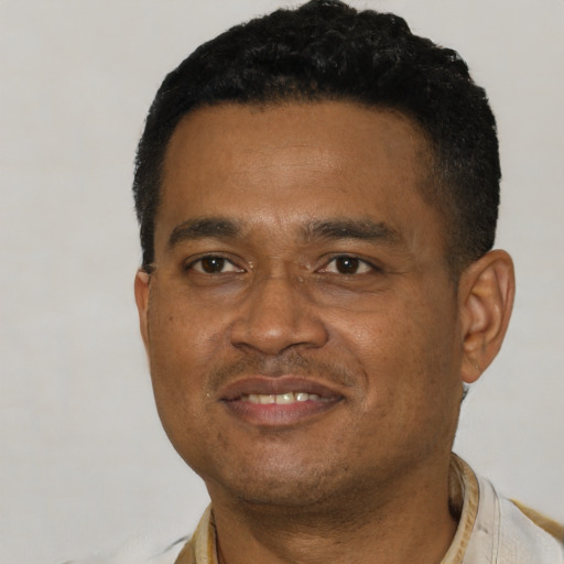 Joyful latino adult male with short  black hair and brown eyes