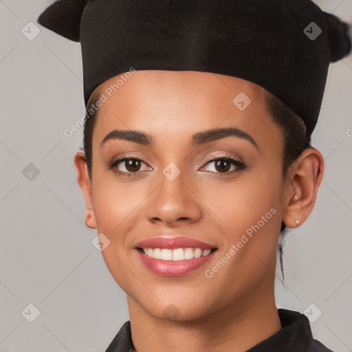 Joyful white young-adult female with short  black hair and brown eyes