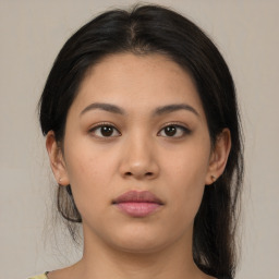 Neutral asian young-adult female with medium  brown hair and brown eyes