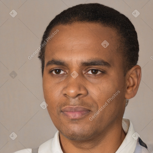 Neutral black adult male with short  black hair and brown eyes