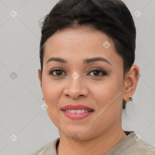 Joyful asian young-adult female with short  brown hair and brown eyes