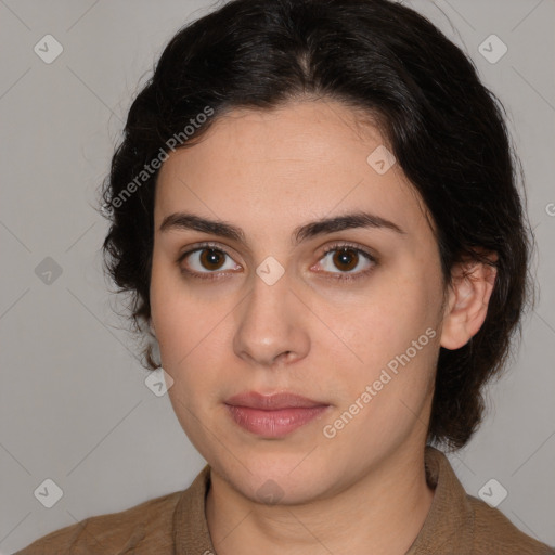 Neutral white young-adult female with medium  brown hair and brown eyes