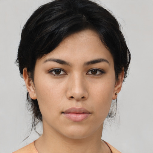 Neutral asian young-adult female with medium  brown hair and brown eyes