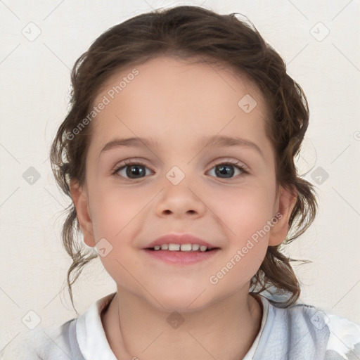 Joyful white child female with medium  brown hair and brown eyes