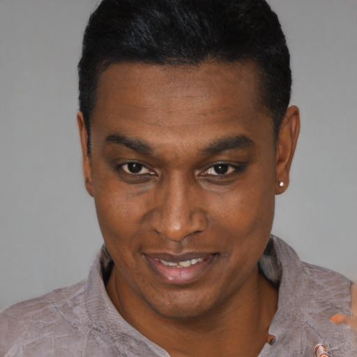 Joyful black young-adult male with short  black hair and brown eyes