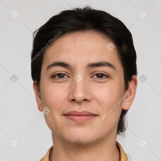 Joyful white young-adult female with short  brown hair and brown eyes