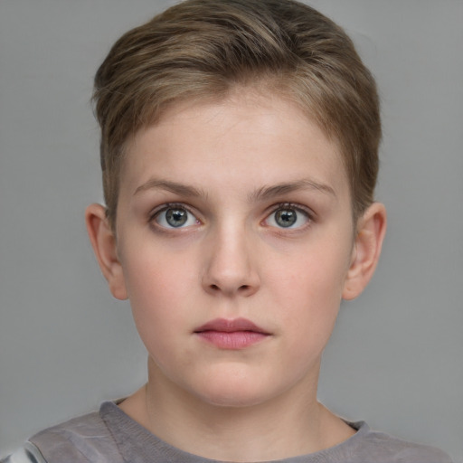 Neutral white child female with short  brown hair and grey eyes