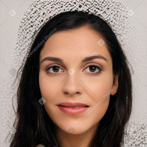 Joyful latino young-adult female with long  black hair and brown eyes