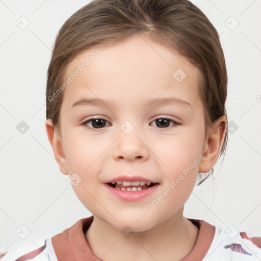 Joyful white child female with medium  brown hair and brown eyes