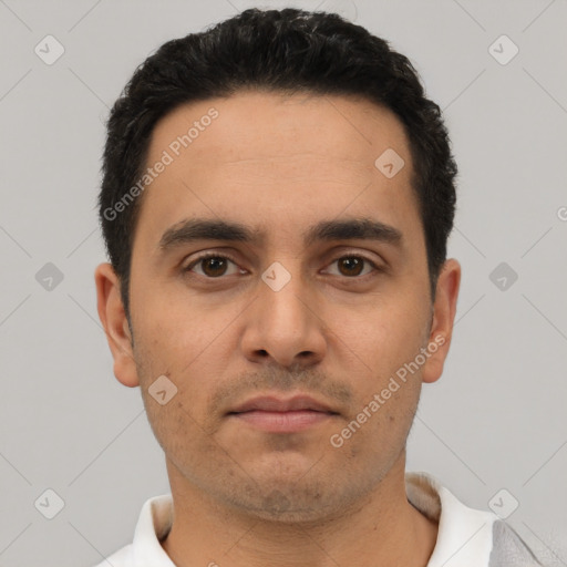 Neutral latino young-adult male with short  black hair and brown eyes