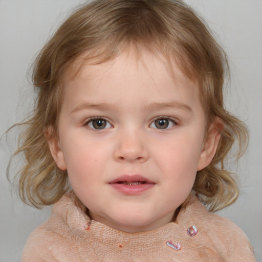 Neutral white child female with medium  brown hair and blue eyes