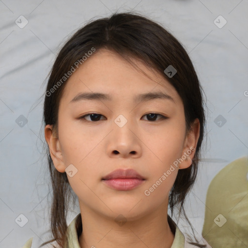 Neutral asian young-adult female with medium  brown hair and brown eyes