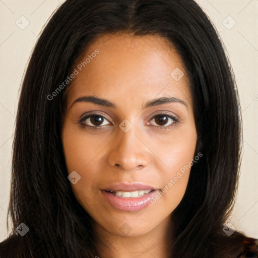 Joyful latino young-adult female with long  brown hair and brown eyes