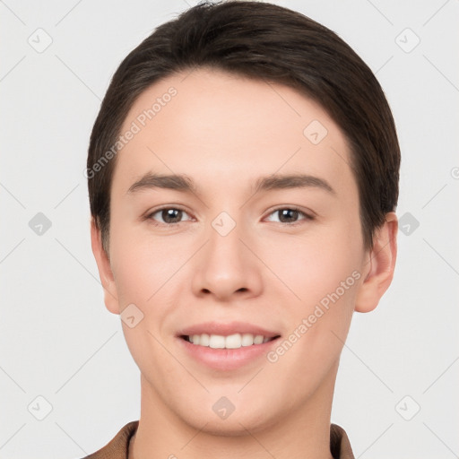 Joyful white young-adult female with short  brown hair and brown eyes