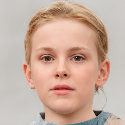 Neutral white child female with medium  brown hair and blue eyes