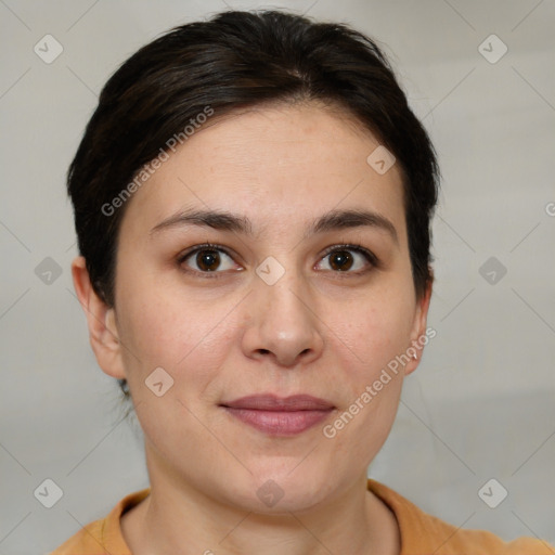 Joyful white young-adult female with medium  brown hair and brown eyes