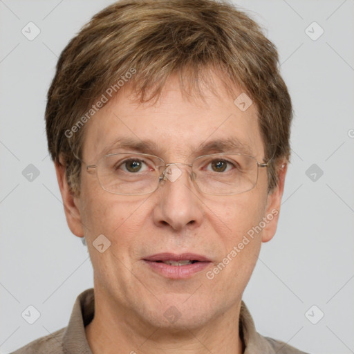 Joyful white adult male with short  brown hair and grey eyes