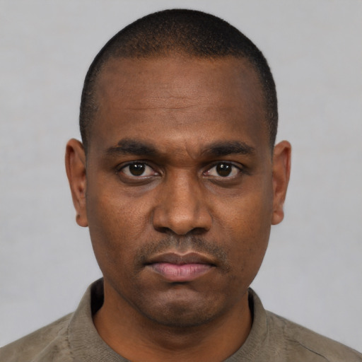 Neutral black young-adult male with short  black hair and brown eyes