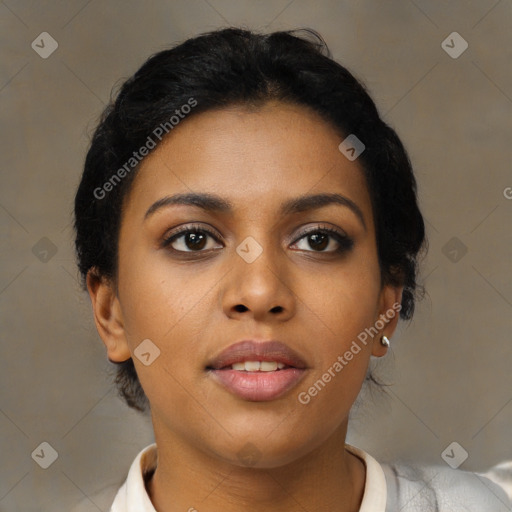 Joyful asian young-adult female with short  black hair and brown eyes