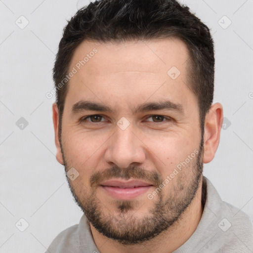 Joyful white young-adult male with short  brown hair and brown eyes