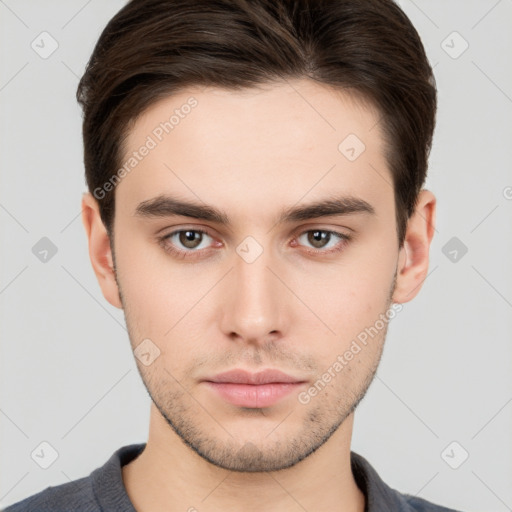 Neutral white young-adult male with short  brown hair and brown eyes