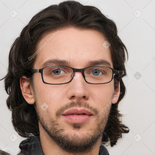 Neutral white young-adult male with short  brown hair and grey eyes