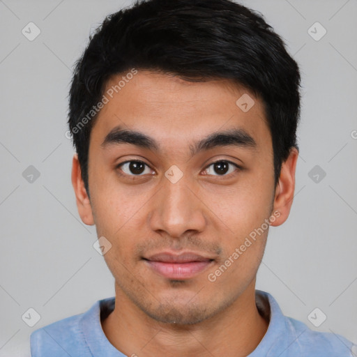 Neutral asian young-adult male with short  black hair and brown eyes