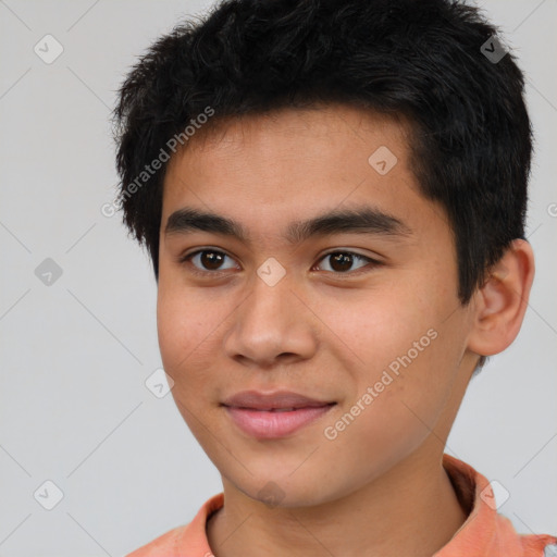 Joyful asian young-adult male with short  brown hair and brown eyes
